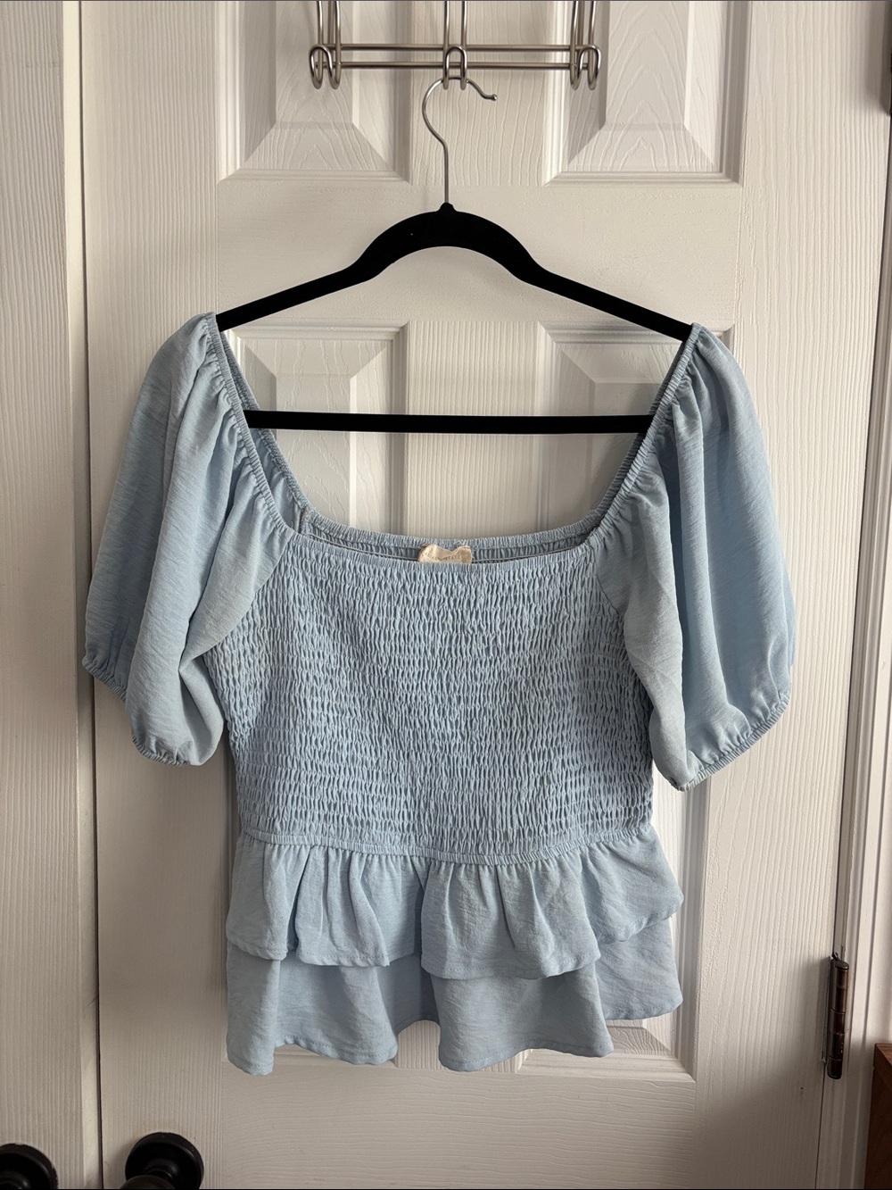 Altar’D State Light Blue Smocked Peplum Puff Sleeve Top - Women